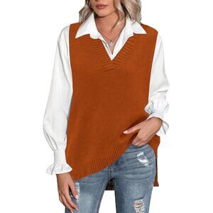Women Caramel Sweater Vest Sleeveless V Neck Oversized Knitted Pullover Fall